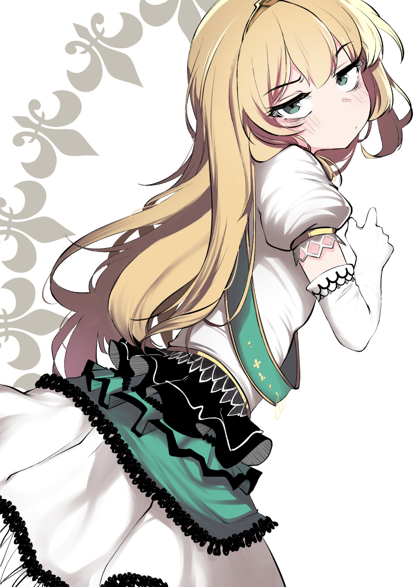 1girl absurdres bangs blonde_hair blush breasts brown_dust character_request closed_mouth dress elbow_gloves gloves green_eyes hemuling highres korean_commentary long_hair looking_at_viewer puffy_short_sleeves puffy_sleeves short_sleeves simple_background small_breasts solo tiara white_background white_dress white_gloves