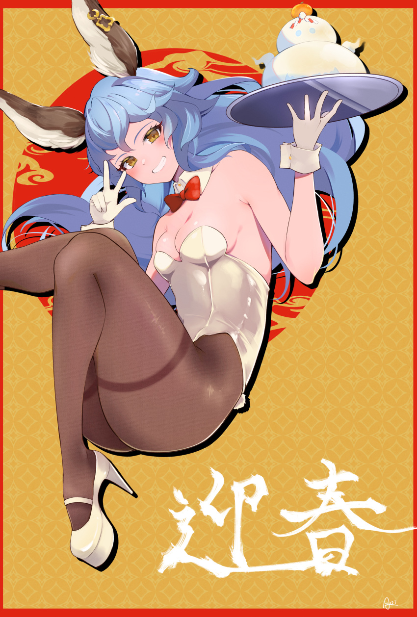 1girl absurdres animal_ears blue_hair bow bowtie breasts chinese_zodiac cleavage curly_hair erune ferry_(granblue_fantasy) food gloves granblue_fantasy high_heels highleg highleg_leotard highres inuinuo_gataken leggings leotard medium_breasts pantyhose plate playboy_bunny red_bow red_bowtie signature smile solo thighhighs tray v white_gloves white_leotard wrist_cuffs year_of_the_rabbit yellow_eyes