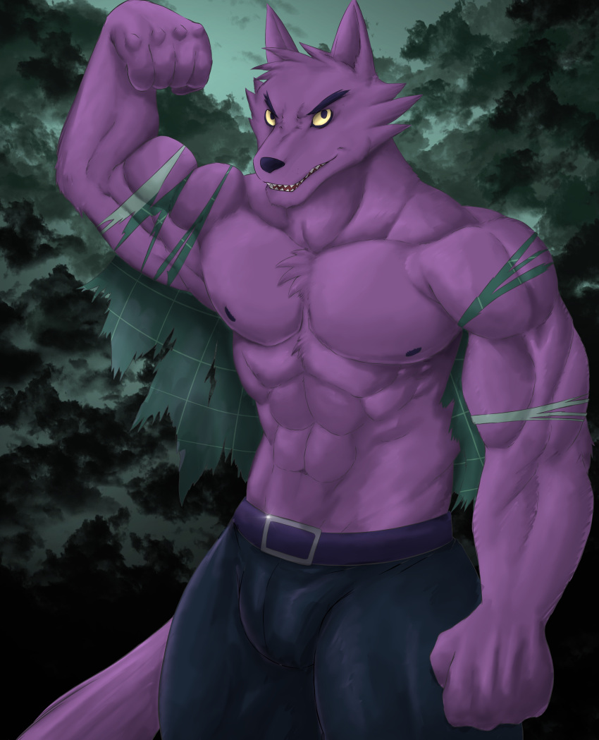 2022 abs absurd_res anthro belt bernard_(ok_k.o.!_lbh) biceps biped black_nose bottomwear canid canine cartoon_network chest_tuft chibikoma clothed clothing digital_drawing_(artwork) digital_media_(artwork) flexing flexing_bicep fur hi_res looking_at_viewer male mammal muscular muscular_anthro muscular_male navel nipples ok_k.o.!_let's_be_heroes pants pecs purple_body purple_fur purple_tail solo tail topless topless_anthro topless_male tuft were werecanid werecanine werewolf yellow_sclera