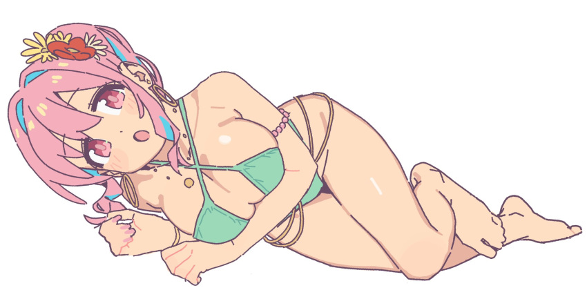 1girl bikini blue_hair bracelet breasts criss-cross_halter earrings flower green_bikini hair_flower hair_ornament halterneck highres hoop_earrings hozuki_kaede jewelry ksrvgn large_breasts looking_at_viewer lying multicolored_hair nail_polish necklace on_side onii-chan_wa_oshimai! open_mouth pink_eyes pink_hair pink_nails ponytail solo swimsuit two-tone_hair