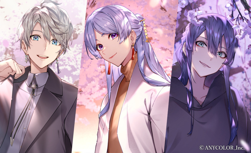 3boys :d adjusting_clothes alternate_costume bangs black_hoodie black_jacket blue_eyes bolo_tie cherry_blossoms collared_shirt column_lineup copyright dappled_sunlight earrings essual_(layer_world) flower genzuki_toujirou grey_hair grey_shirt hair_between_eyes hair_bun hair_ornament hair_stick half_updo head_tilt highres hood hood_down hoodie jacket jewelry kaida_haru long_hair looking_at_viewer male_focus mismatched_earrings multiple_boys nagao_kei nijisanji official_art orange_sweater parted_bangs parted_lips pink_flower ponytail purple_eyes purple_flower purple_hair shirt short_hair sidelocks single_hair_bun smile sunlight sweater tassel tassel_earrings teeth turtleneck turtleneck_sweater upper_body upper_teeth_only valz virtual_youtuber white_jacket