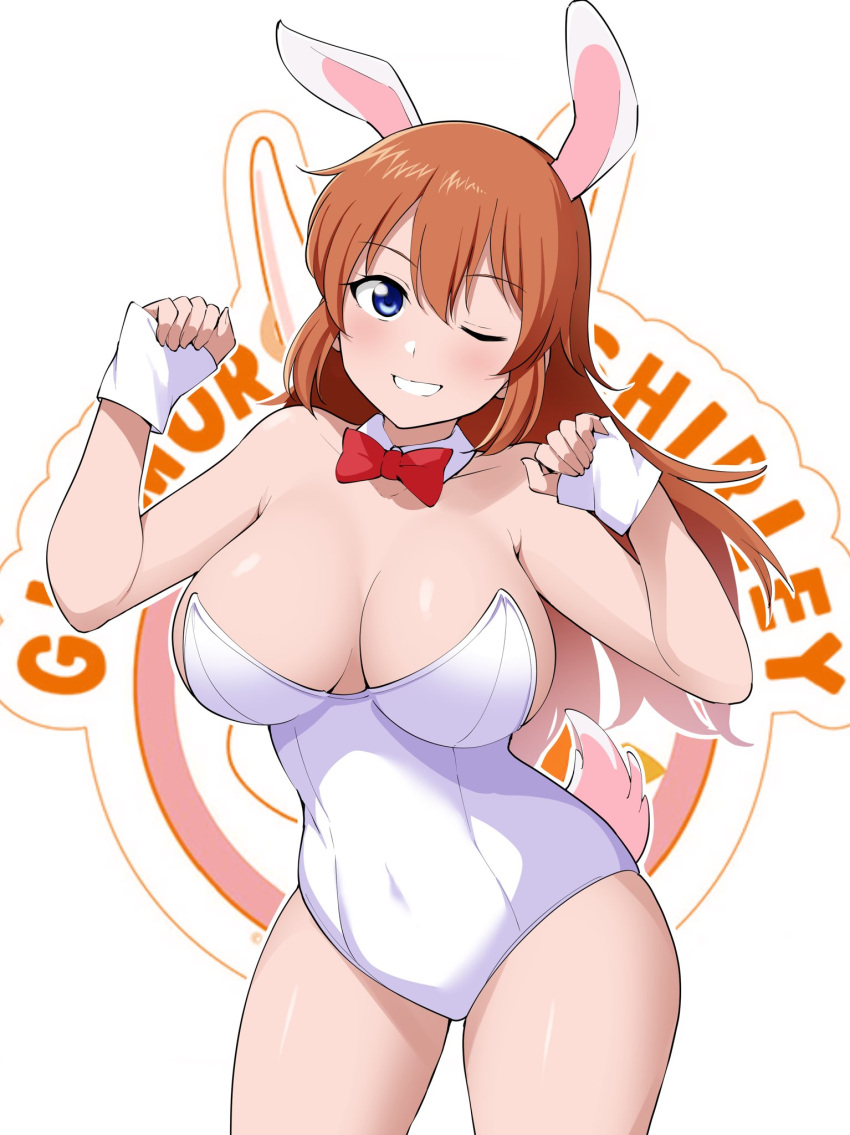 1girl bangs barkhorn0331 blue_eyes bow bowtie breasts charlotte_e._yeager collarbone commentary cowboy_shot detached_collar grin hair_between_eyes hands_up highleg highleg_leotard highres large_breasts leotard long_hair looking_at_viewer one_eye_closed orange_hair rabbit_tail red_bow red_bowtie smile solo strapless strapless_leotard strike_witches tail thighs white_leotard world_witches_series