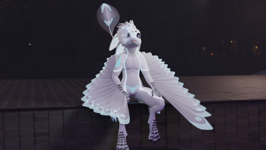 3d_(artwork) absurd_res anthro avali blender_(software) blender_cycles digital_media_(artwork) feathers female genitals glowing glowing_body glowing_feathers hi_res kuzamochivr looking_away night nude pussy solo solo_focus somehornywah