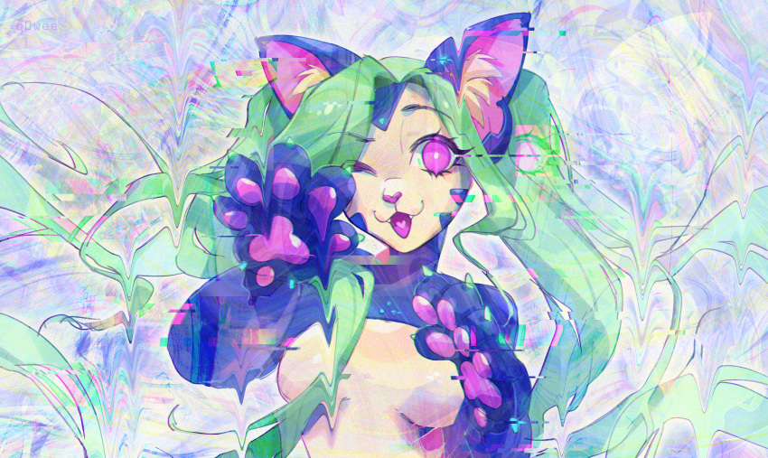 &lt;3 android anthro blue_body breasts distortion felid feline female fur glitch green_body green_fur hi_res inner_ear_fluff k4t3_ar1a looking_at_viewer machine mammal multicolored_body multicolored_fur one_eye_closed open_mouth pawpads pink_eyes pink_pawpads q0wee robot small_breasts solo tan_body tuft wink