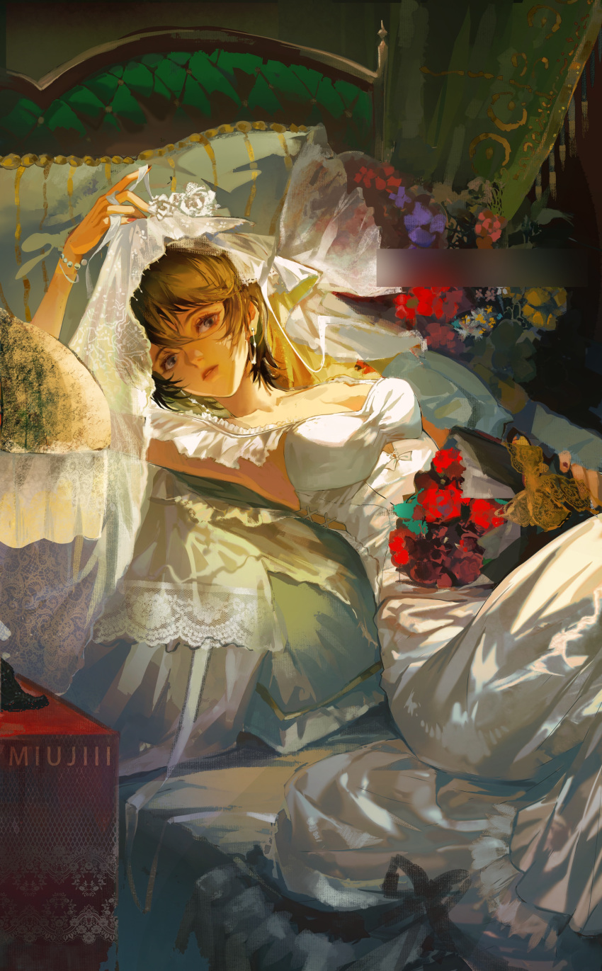 1girl absurdres bangs bare_shoulders bead_bracelet beads bed bouquet bracelet breasts bridal_veil brown_hair censored cleavage cowboy_shot curtains dress earrings flower frills hand_up highres holding holding_bouquet indoors jewelry lifted_by_self looking_at_viewer lying meitantei_conan miujiii on_back on_bed pillow red_flower ring satou_miwako short_hair single_strap solo veil veil_lift wedding_dress white_dress