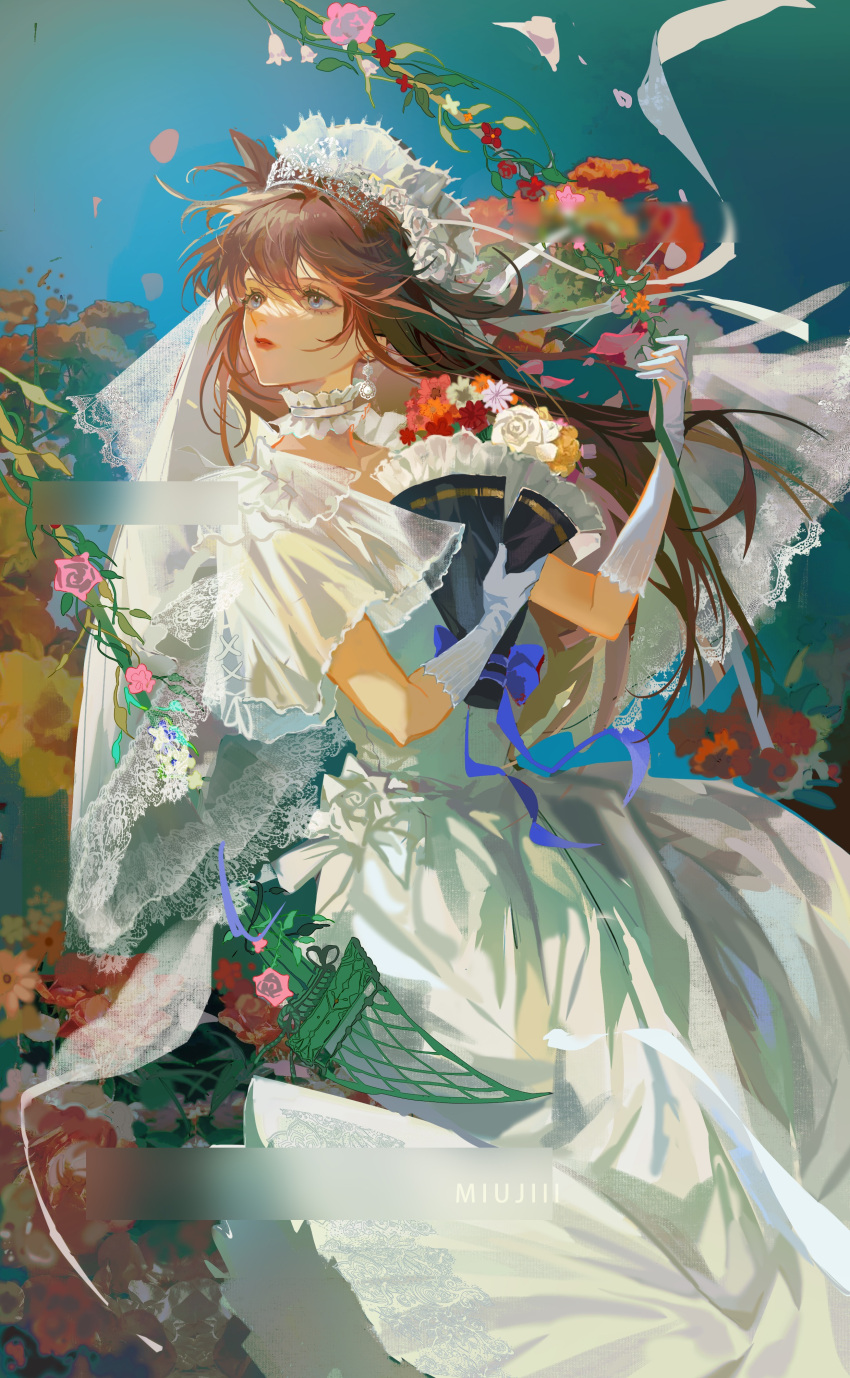 1girl absurdres blue_background bouquet bridal_veil bride brown_hair choker dress earrings feet_out_of_frame floating_hair floral_print flower gloves hands_up highres holding holding_bouquet jewelry lace-trimmed_headwear lace_trim lipstick long_hair looking_away looking_back makeup meitantei_conan miujiii mouri_ran petals plant red_flower rose short_sleeves sitting solo swing tiara veil vines wedding_dress white_dress white_flower white_gloves white_rose wide_sleeves