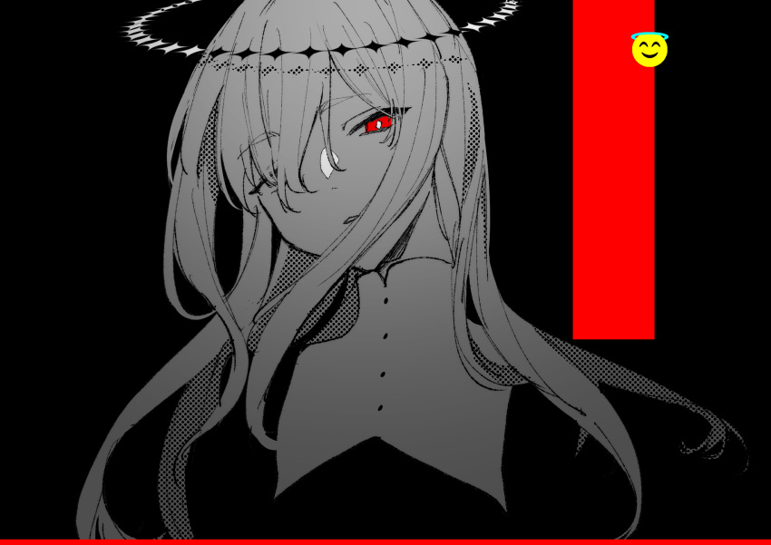 1girl bangs black_background blending buttons emoji floating_hair floating_headgear gekiyaku greyscale hair_over_one_eye halftone halo head_tilt headgear high_collar highres inverted_colors long_hair looking_at_viewer looking_down monochrome msb_(a47630968) multicolored_background parted_lips portrait red_background red_eyes short_eyebrows sidelocks slit_pupils solo spot_color utau