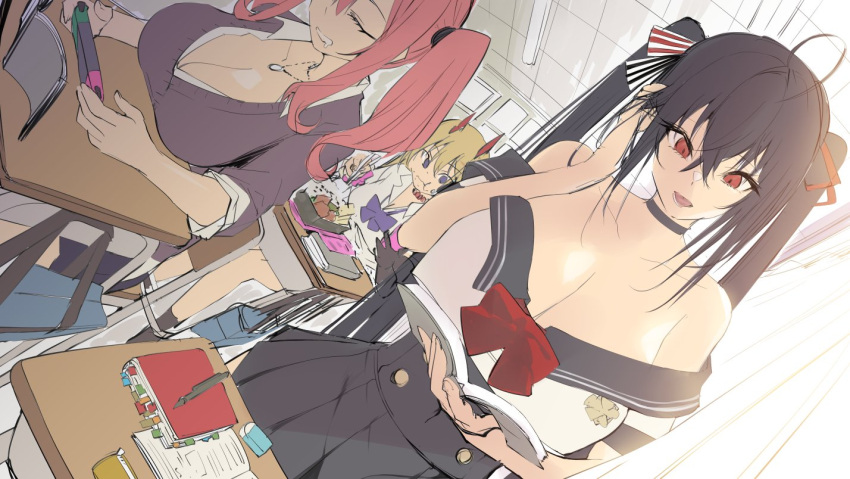 3girls azur_lane black_choker black_scrunchie black_serafuku black_skirt bow breasts bremerton_(azur_lane) choker classroom cleavage closed_eyes collarbone collared_shirt desk drooling eraser hair_bow hair_ornament hair_ribbon hair_scrunchie jewelry kumano_(azur_lane) large_breasts miniskirt multiple_girls nap necklace notes pleated_skirt plunging_neckline reading red_eyes red_shirt ribbon satou_daiji school_desk school_uniform scrunchie serafuku shirt sitting skirt standing switch taihou_(azur_lane) textbook twintails unfinished white_shirt