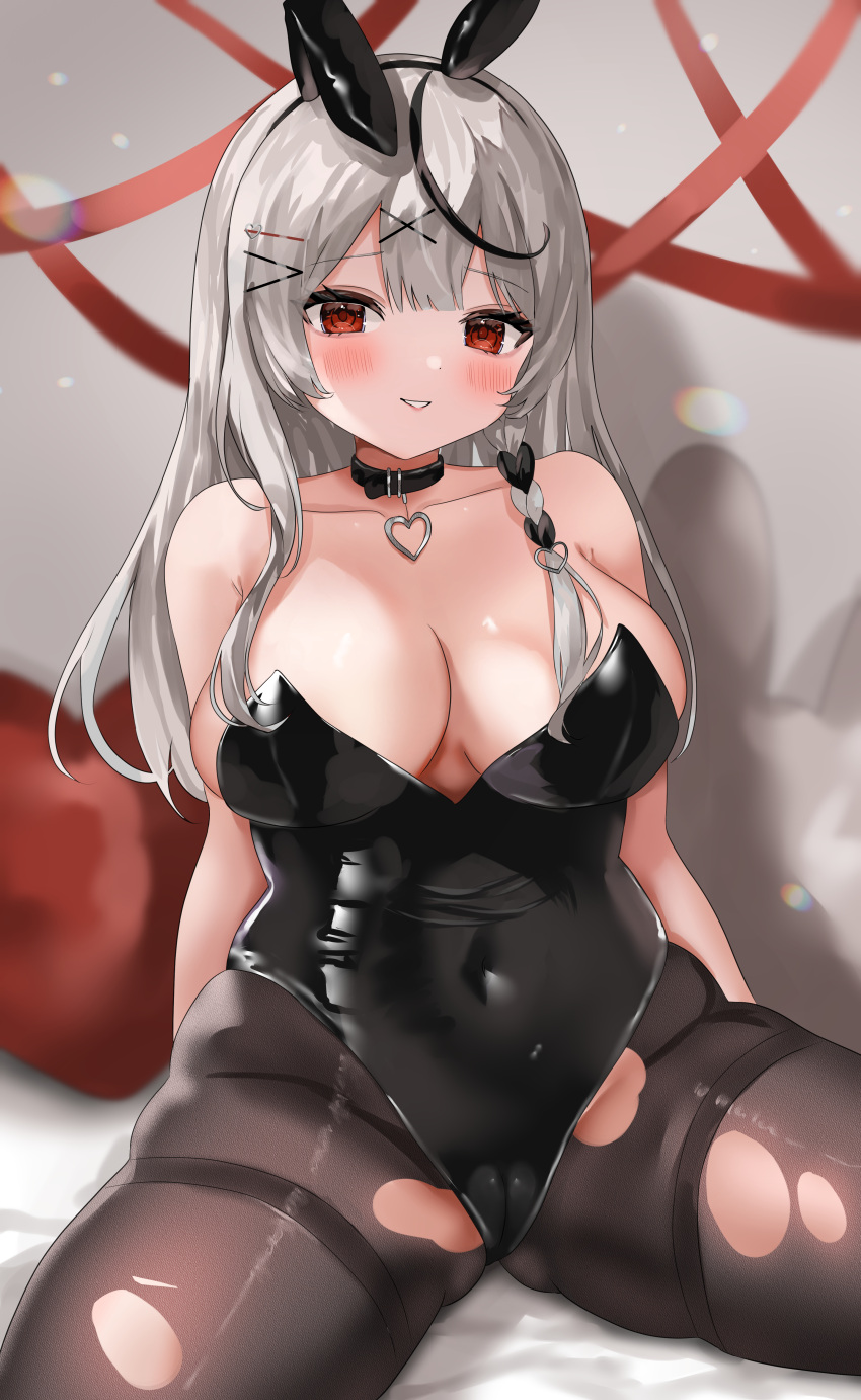 1girl absurdres animal_ears bare_shoulders black_collar black_hair black_leotard black_pantyhose blush braid breasts cleavage collar collarbone covered_navel fake_animal_ears grey_hair hair_ornament highres hololive koikawasachi large_breasts leotard long_hair looking_at_viewer multicolored_hair pantyhose playboy_bunny rabbit_ears red_eyes sakamata_chloe smile solo spread_legs strapless strapless_leotard streaked_hair thighs torn_clothes torn_pantyhose virtual_youtuber wrist_cuffs x_hair_ornament