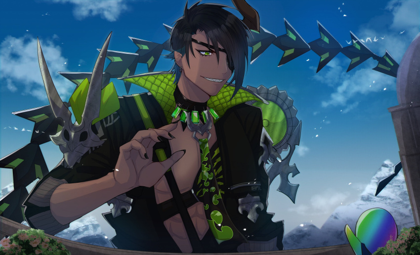 1boy abs absurdres aragami_oga black_collar black_hair black_nails black_shirt bush chest_guard cloud collar creature dark-skinned_male dark_skin day demon_boy earrings eyepatch fingernails gem giant green_eyes green_gemstone grin hair_over_one_eye high_collar highres holostars horns jewelry looking_at_another male_focus mountain necktie omaesan_(aragami_oga) open_clothes open_shirt pectoral_cleavage pectorals pointy_ears sasago335 sharp_fingernails sharp_teeth shirt short_hair shoulder_spikes single_horn sleeves_rolled_up smile spikes tail teeth upper_body virtual_youtuber waving