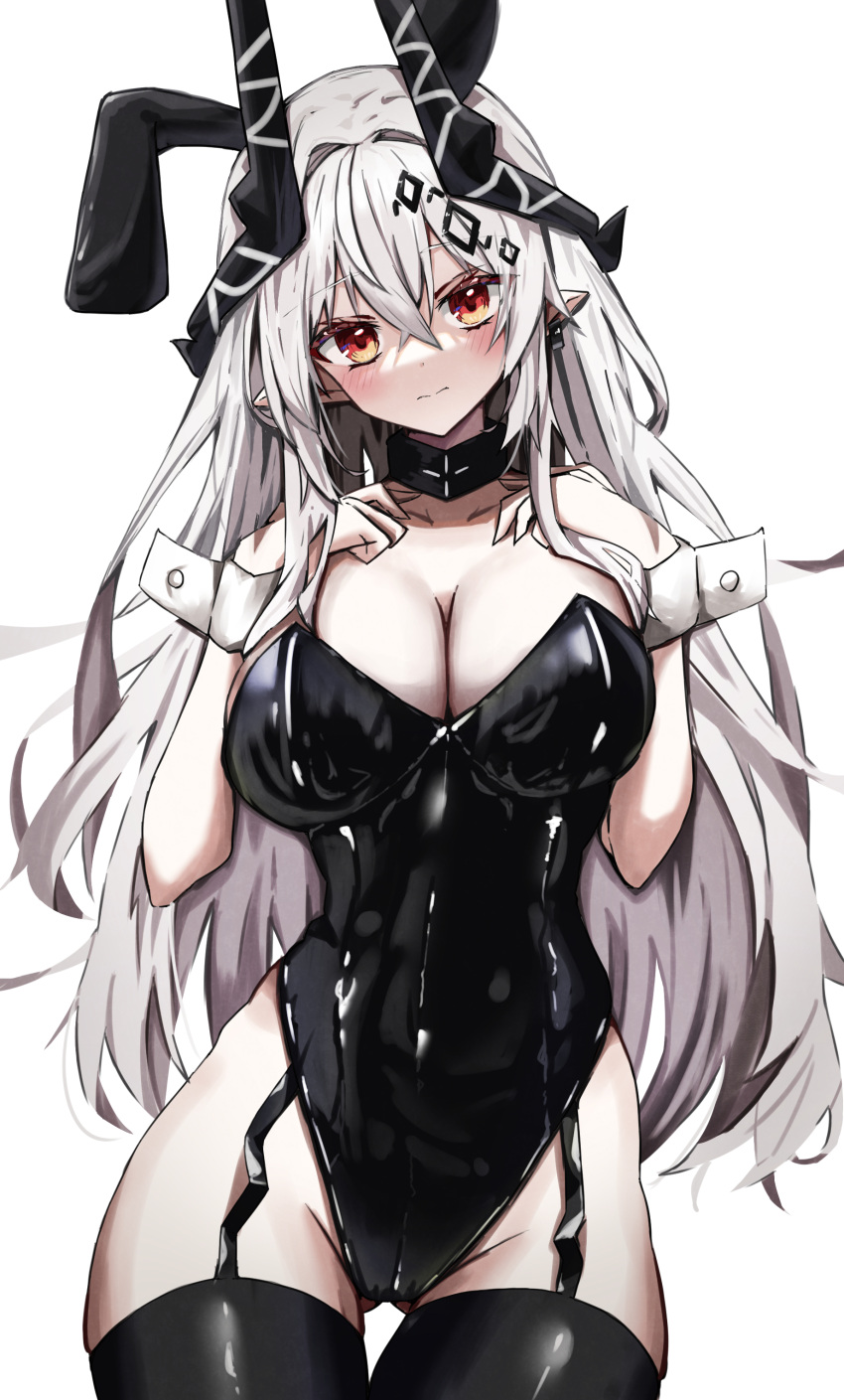 1girl absurdres animal_ears arknights ass_visible_through_thighs bangs black_leotard black_thighhighs blush breasts cleavage closed_mouth collar collarbone cowboy_shot earrings fake_animal_ears garter_straps hair_ornament hands_on_own_chest head_tilt highres horns jewelry large_breasts leotard long_hair looking_at_viewer mudrock_(arknights) pointy_ears rabbit_ears red_eyes simple_background solo strapless strapless_leotard thigh_gap thighhighs touko_(toko12_tooko) very_long_hair white_background white_hair wrist_cuffs