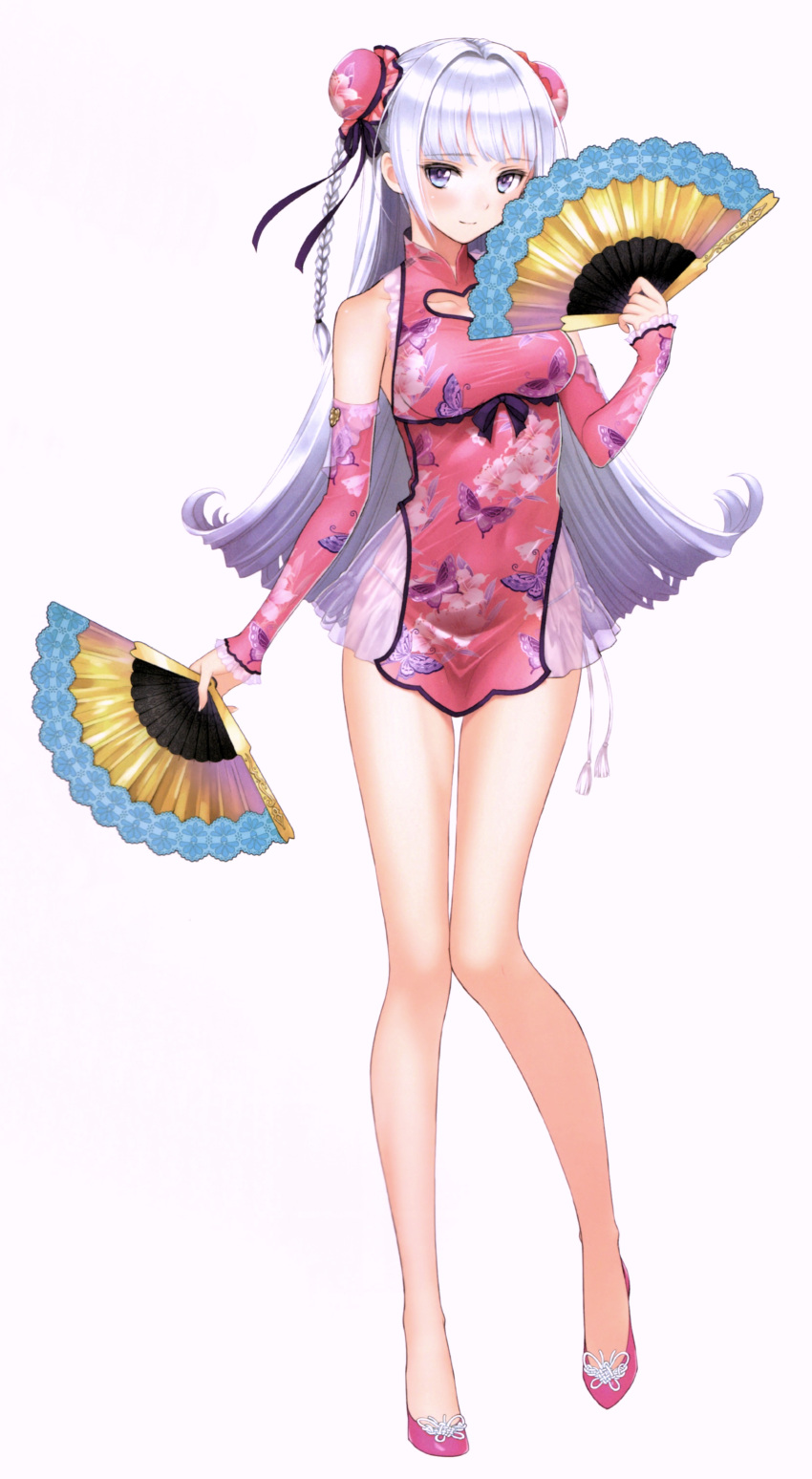 1girl absurdres animal_print bangs bare_shoulders blue_eyes blush braid breasts bug butterfly butterfly_print china_dress chinese_clothes closed_mouth clothing_cutout collarbone dai-you detached_sleeves double_bun dress dual_wielding full_body hair_bun hand_fan heart_cutout highres holding legs long_hair long_legs looking_at_viewer medium_breasts original panty_straps scan see-through short_dress simple_background sleeveless smile solo standing tony_taka twin_braids twintails white_background white_hair
