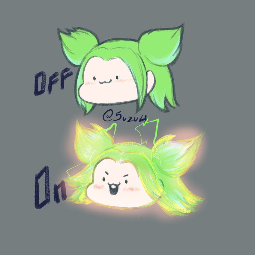 @5u2u4 absurdres blush chibi cyberpunk electricity fantasy green_hair hair_bun highres league_of_legends light light_smile neon_lights rabbit short_twintails supernatural_sweethearts teeth twintails upper_teeth_only uwu zap zeri zeri_(league_of_legends)