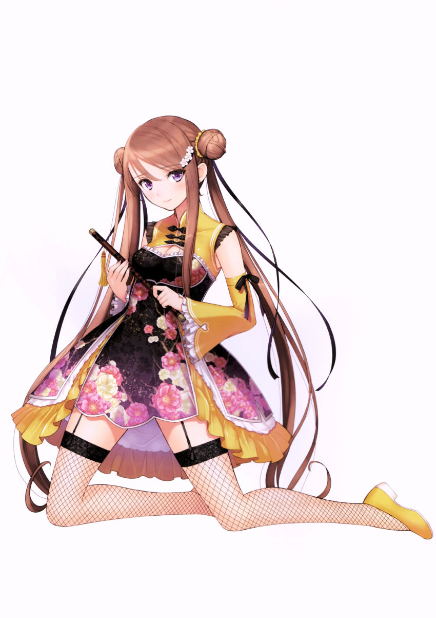 1girl absurdres alternate_color bangs bare_shoulders blush bow bowtie breasts brown_hair china_dress chinese_clothes chun-mei closed_mouth detached_sleeves double_bun dress fingernails fishnets floral_print flute frills full_body garter_straps hair_bun hair_ornament hairclip highres holding instrument kneeling long_hair looking_at_viewer medium_breasts original purple_eyes scan shoes short_dress simple_background sleeveless solo thighhighs tony_taka twintails white_background zettai_ryouiki