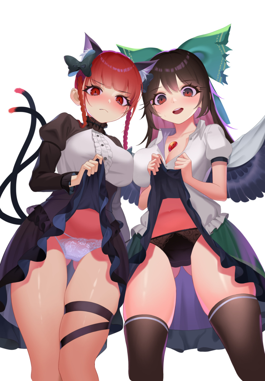 2girls :d animal_ears ass_visible_through_thighs bangs blunt_bangs blush braid cat_ears cat_tail embarrassed from_below highres kaenbyou_rin leg_ribbon lifted_by_self looking_at_viewer multiple_girls multiple_tails nekomata recare reiuji_utsuho ribbon smile tail tearing_up teeth thighhighs touhou twin_braids two_tails upper_teeth_only upskirt