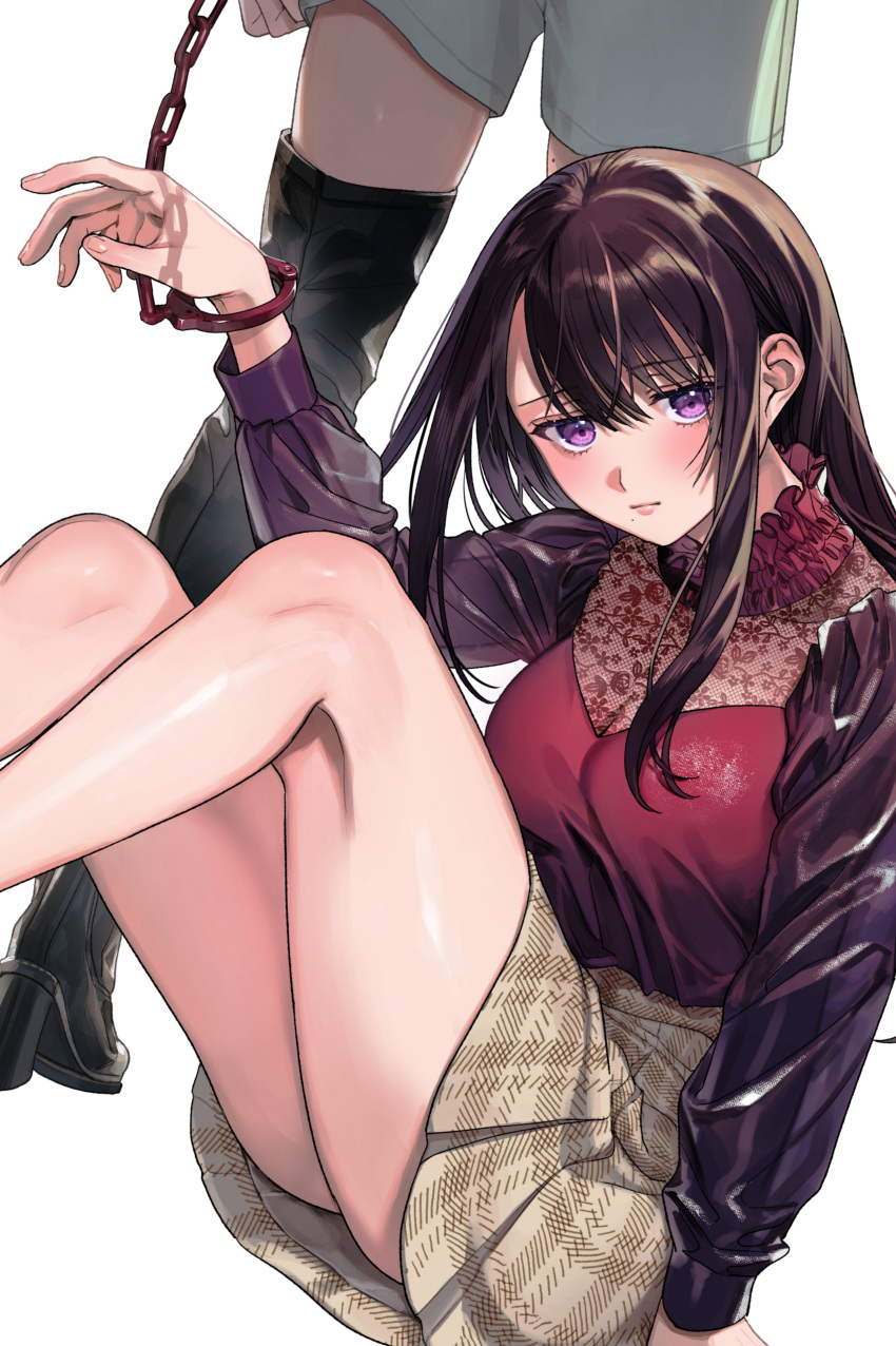 1girl 1other absurdres ambiguous_gender arm_support bangs black_hair boots brown_skirt closed_mouth cuffs hajirau_kimi_ga_mitainda hand_up handcuffs highres honjou_kaho knees_up long_hair long_sleeves looking_at_viewer mole mole_on_thigh mole_under_mouth purple_eyes see-through see-through_sleeves shorts sitting skirt standing thigh_boots uma_raclette