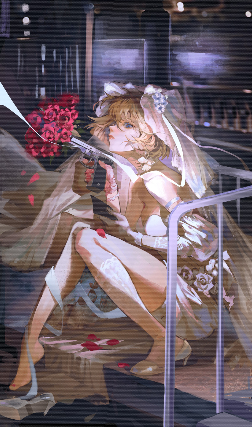 1girl absurdres bangs blue_eyes bob_cut bouquet breasts bridal_veil bride closed_mouth detached_sleeves dress earrings finger_on_trigger flower gloves gun haibara_ai handgun hands_up high_heels highres holding holding_gun holding_weapon jewelry kneehighs lace_trim light_brown_hair meitantei_conan miujiii miyano_shiho night petals railing red_flower red_rose ribbon rose shoes shoes_removed short_hair single_shoe socks solo squatting stairs veil weapon wedding_dress white_dress white_flower white_footwear white_gloves white_rose white_socks