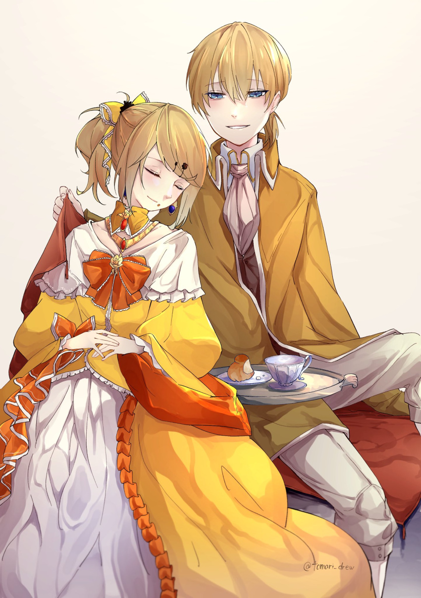 1boy 1girl aku_no_meshitsukai_(vocaloid) aku_no_musume_(vocaloid) allen_avadonia ascot bangs blonde_hair blue_eyes bow brioche brooch brother_and_sister choker closed_eyes closed_mouth cup dress dress_bow earrings evillious_nendaiki frilled_choker frills hair_bow half-closed_eyes highres jacket jewelry kagamine_len kagamine_rin leaning_on_person orange_bow pale_skin pants parted_lips revision riliane_lucifen_d'autriche short_ponytail siblings sidelocks sitting sleeping sleeping_on_person smile swept_bangs tea teacup teapot tomari_drew twins twitter_username vocaloid white_pants wide_sleeves yellow_bow yellow_choker yellow_dress yellow_jacket