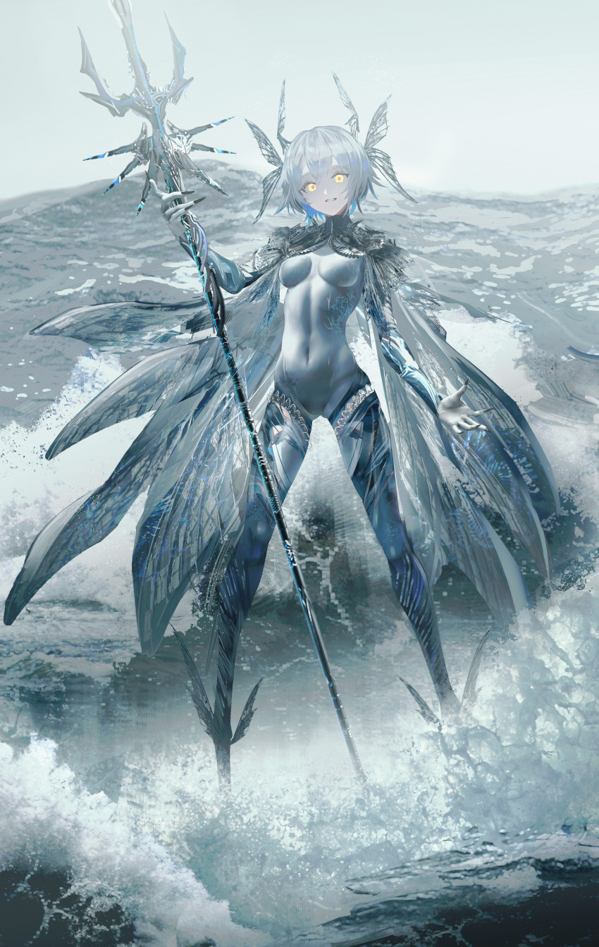 1girl absurdres breasts full_body grey_hair highres holding holding_scepter looking_at_viewer mechanical_legs medium_breasts ocean original scepter short_hair skin_tight smile solo standing standing_on_liquid swav yellow_eyes