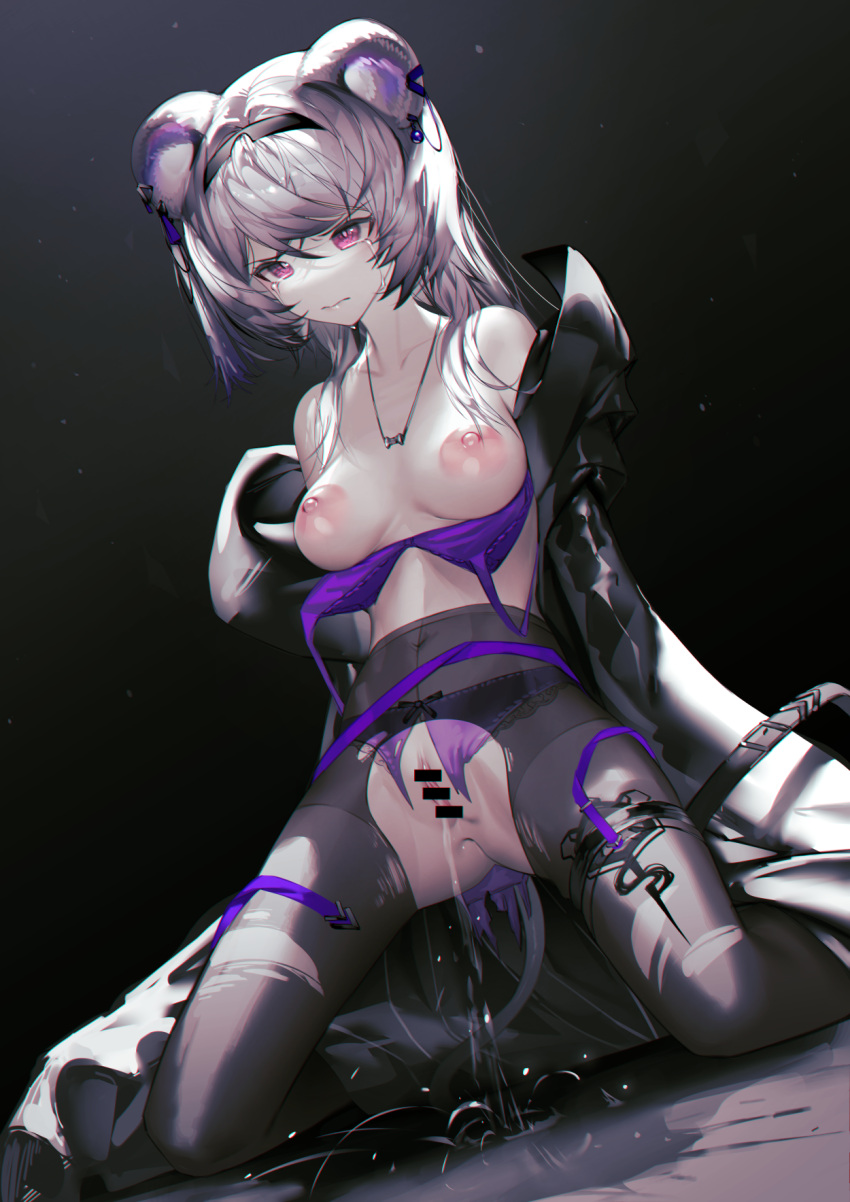 1girl animal_ears arknights ass_visible_through_thighs bar_censor bare_shoulders black_background black_coat black_hairband black_pantyhose bra bra_pull breasts breasts_out censored closed_mouth clothes_pull coat collarbone covered_navel crying crying_with_eyes_open gradient_background grey_hair hair_intakes hairband highres iumu jewelry kneeling lin_(arknights) long_hair long_sleeves medium_breasts mouse_ears necklace nipples open_clothes open_coat panties panties_under_pantyhose pantyhose pee peeing perky_breasts pink_eyes puddle purple_bra pussy solo tears thigh_strap torn_clothes torn_panties torn_pantyhose underwear