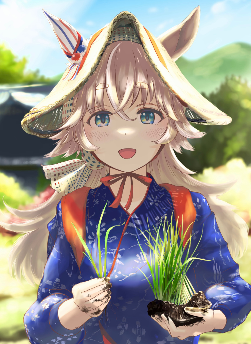 1girl animal_ears blue_kimono blurry blurry_background blush brown_hair ears_through_headwear green_eyes hat head_scarf highres horse_ears horse_girl inuyamadon japanese_clothes kimono long_hair long_sleeves mud open_mouth outdoors rice_planting solo straw_hat thick_eyebrows umamusume upper_body wonder_acute_(umamusume)