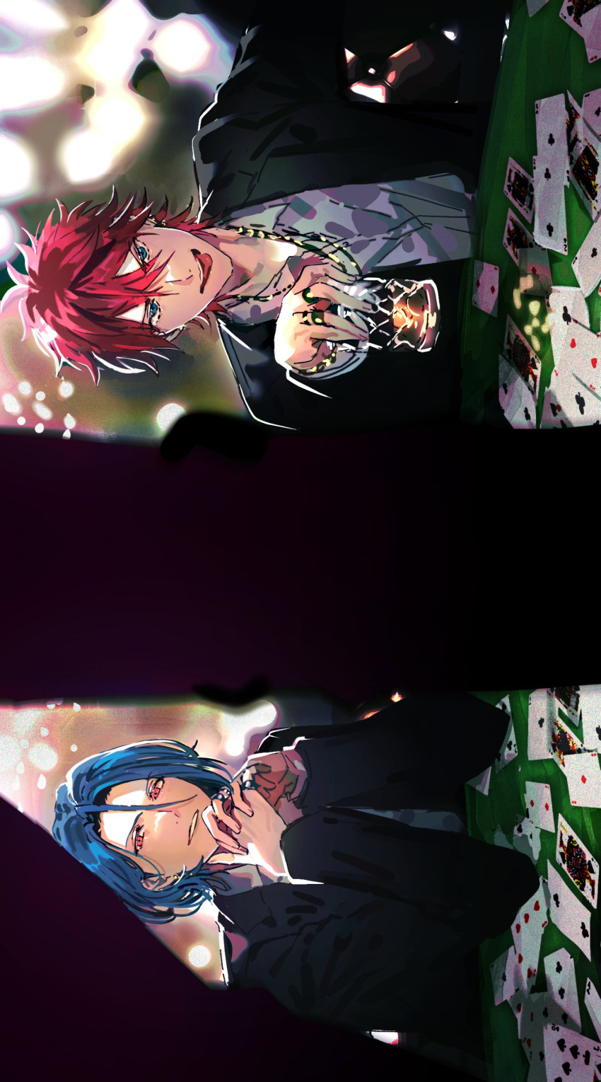 2boys :p absurdres alcohol amagi_rinne bangs black_jacket blue_eyes blue_hair blurry bokeh bracelet card casino_card_table collared_shirt cup depth_of_field drinking_glass earrings ensemble_stars! hair_between_eyes hair_strand highres himeru_(ensemble_stars!) holding holding_cup interlocked_fingers jacket jewelry looking_at_viewer male_focus multiple_boys multiple_rings necklace open_collar own_hands_together parted_bangs parted_lips playing_card red_eyes red_hair ring segami shirt short_hair sideways split_screen table tongue tongue_out upper_body white_shirt