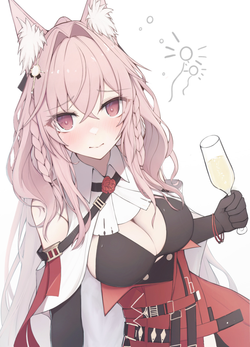 1girl alcohol animal_ear_fluff animal_ears arknights bangs bare_shoulders bikini bikini_top_only black_bikini black_gloves blush bracelet braid breasts champagne champagne_flute cleavage closed_mouth cup drinking_glass drunk elbow_gloves flower gloves gun hair_intakes high-waist_skirt highres holding holding_gun holding_weapon jewelry large_breasts long_hair looking_at_viewer matchadzuke pink_hair pozyomka_(arknights) red_eyes red_flower red_rose red_skirt rose simple_background skirt smile solo swimsuit twin_braids upper_body very_long_hair weapon white_background wolf_ears