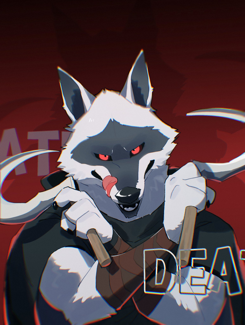 2023 anthro biped canid canine canis death_(puss_in_boots) digital_media_(artwork) dreamworks grin hi_res holding_object holding_weapon hood licking licking_lips male mammal melee_weapon nazume4 puss_in_boots_(film) puss_in_boots_the_last_wish red_background red_eyes sickle simple_background smile solo teeth tongue tongue_out weapon wolf