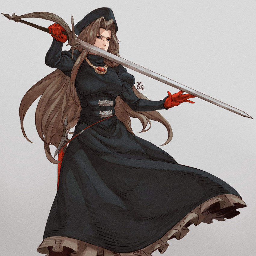 1girl absurdres brown_hair catiua_powell dress hat highres josh_corpuz long_hair sheath simple_background sword tactics_ogre weapon