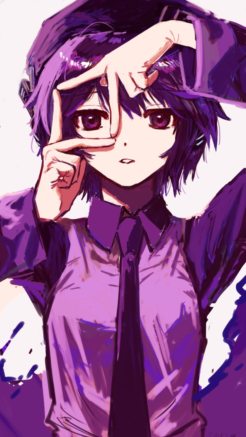 1girl arm_up bangs beret breasts collared_shirt dot_nose expressionless finger_frame hand_up hat headphones highres jitome long_sleeves looking_at_viewer medium_breasts monochrome necktie parted_lips purple_theme raised_eyebrows romaji_commentary saxion shirt short_hair solo straight-on swept_bangs upper_body utane_uta utau vest white_background