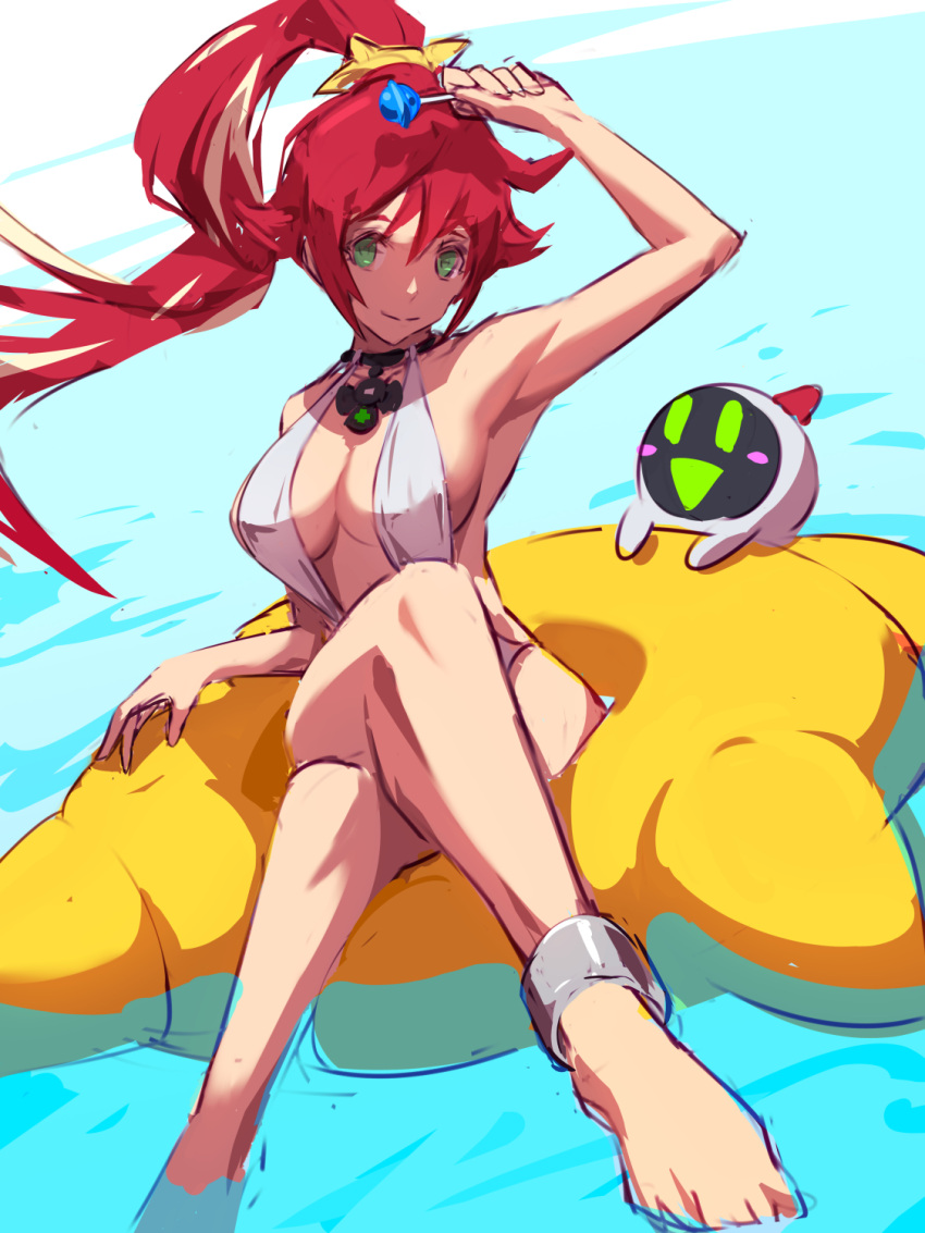 1girl ankh ankh_necklace anklet armpits bare_legs bare_shoulders bikini breasts candy cleavage collarbone crossed_legs food guilty_gear hair_ornament halterneck highres holding holding_candy holding_food holding_lollipop innertube jack-o'_valentine jewelry large_breasts lollipop long_hair long_legs looking_at_viewer minion multicolored_hair necklace ponytail pool red_hair shaded_face sideboob simple_background sitting solo streaked_hair swimsuit thighs unfinished ura_dora very_long_hair water white_bikini white_hair