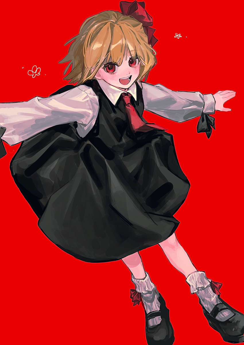 1girl :d bangs black_dress black_footwear blonde_hair blush bobby_socks collared_shirt dress full_body gotagotay hair_ribbon highres long_sleeves looking_at_viewer mary_janes medium_hair necktie open_mouth outstretched_arms pinafore_dress red_background red_eyes red_necktie red_ribbon ribbon rumia shirt shoes simple_background smile socks solo spread_arms touhou white_shirt white_socks