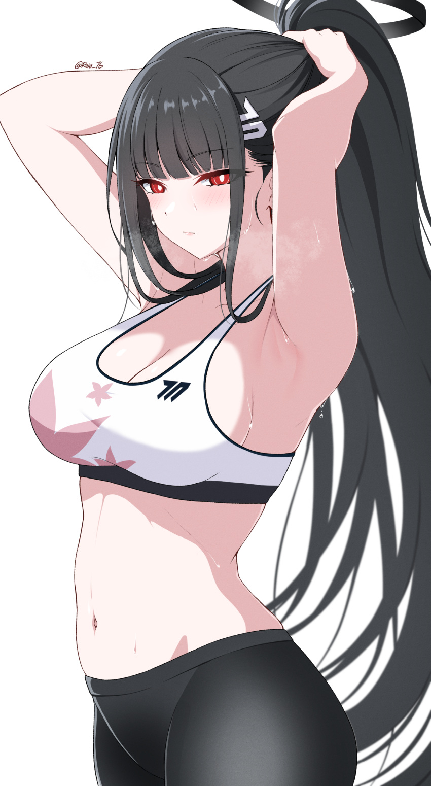 1girl absurdres adjusting_hair armpits black_hair black_pants blue_archive blush breasts bright_pupils cleavage closed_mouth cosplay cowboy_shot halo highres large_breasts long_hair looking_at_viewer navel pants ponytail red_eyes reia_76 rio_(blue_archive) simple_background solo sports_bra stomach sumire_(blue_archive) sumire_(blue_archive)_(cosplay) sweat white_background white_pupils white_sports_bra