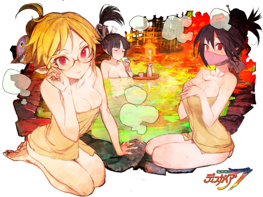 3girls black_hair blonde_hair blush bottle breasts cleavage commentary_request disgaea glasses high_ponytail highres kneeling kunoichi_(disgaea) makai_senki_disgaea_7 mask mouth_mask multiple_girls naked_towel onsen professor_(disgaea) red_eyes ronin_(disgaea) sake_bottle toi8 towel