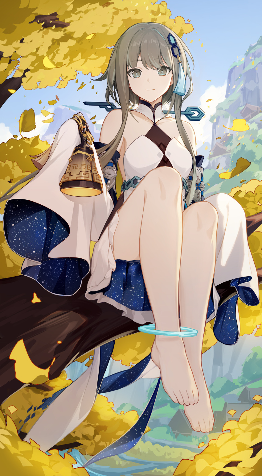 1girl absurdres bangs barefoot bell breasts detached_sleeves dress full_body genshin_impact grey_eyes grey_hair guizhong_(genshin_impact) hair_ornament highres house in_tree leglet looking_at_viewer outdoors scenery sitting sitting_in_tree sky sleeves_past_fingers sleeves_past_wrists small_breasts solo tassel tassel_hair_ornament thighs tree turtleneck two-tone_dress wawako_mama white_dress