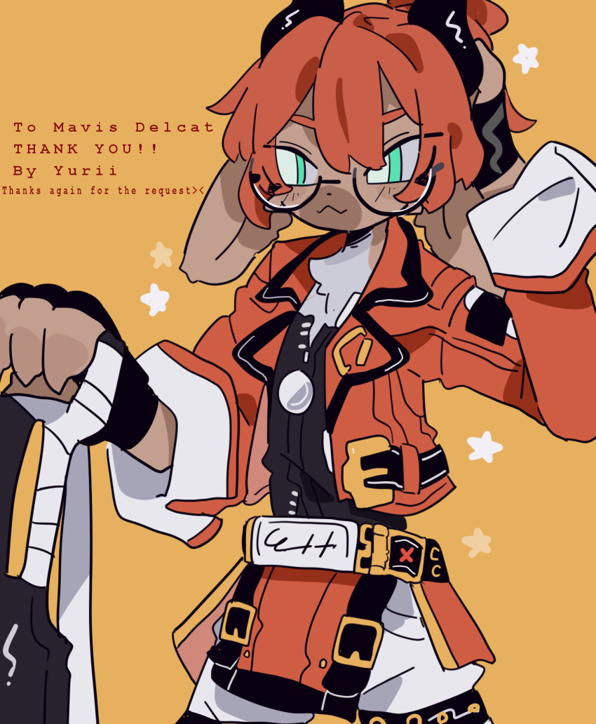 2_horns anthro bovid caprine clothing cosplay costume eyewear glasses gloves green_eyes hair handwear hi_res horn looking_at_viewer male mammal red_clothing red_hair rocky_mountain_goat smile sol_abani sol_badguy solo standing white_clothing zandoku_beni