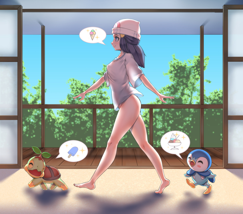 1girl ^_^ alternate_costume backlighting barefoot beanie blue_eyes blue_hair blue_sky blush blush_stickers bottomless breasts closed_eyes closed_mouth commentary dawn_(pokemon) day english_commentary feet food from_side full_body hair_ornament hairclip happy hat highres hitmanatee hot hungry ice_cream ice_cream_cone indoors leaf legs light_blush long_hair open_mouth piplup pokemon pokemon_(creature) pokemon_(game) pokemon_dppt popsicle profile shirt short_sleeves sidelocks sky small_breasts smile solo_focus sparkle spoken_object standing thighs tree turtwig walking white_headwear white_shirt wide_sleeves