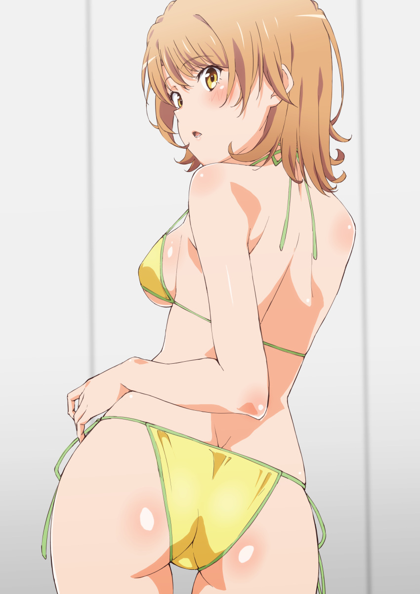 1girl absurdres ass back backboob bikini blush breasts brown_eyes brown_hair from_behind highres isshiki_iroha looking_back lower_teeth_only medium_breasts medium_hair open_mouth shiny_skin short_hair shou937 side-tie_bikini_bottom solo standing swimsuit teeth yahari_ore_no_seishun_lovecome_wa_machigatteiru. yellow_bikini