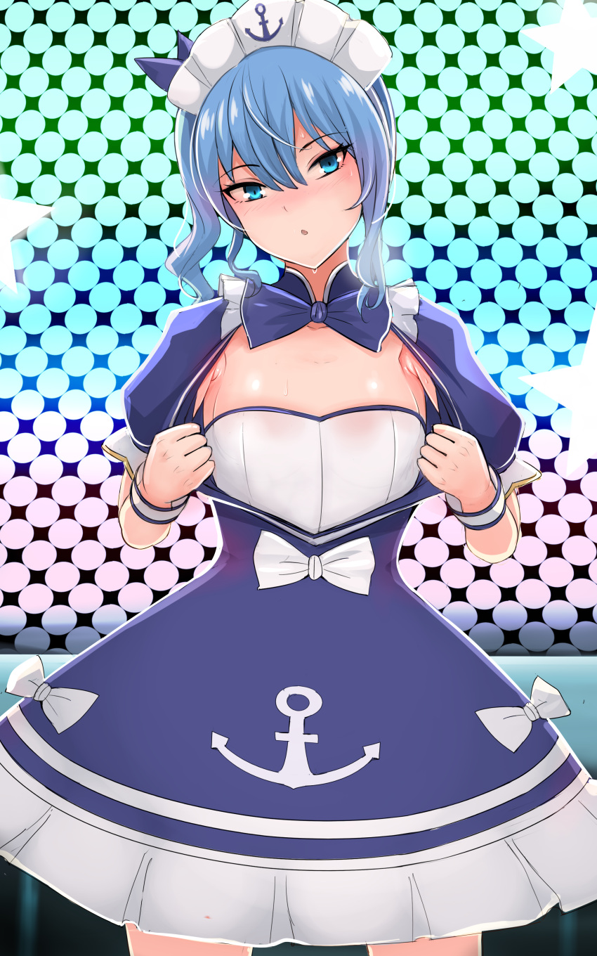 1girl absurdres anchor_print anchor_symbol bangs blue_bow blue_bowtie blue_dress blue_eyes blue_hair blue_ribbon blush bow bowtie breasts cleavage clothes_pull cosplay dress dress_bow dress_pull framed_breasts frilled_dress frills hair_between_eyes hair_ribbon highres hololive hoshimachi_suisei looking_at_viewer maid_headdress medium_hair minato_aqua minato_aqua_(cosplay) nonoririn open_mouth puffy_short_sleeves puffy_sleeves pulled_by_self ribbon see-through short_dress short_sleeves side_ponytail virtual_youtuber white_bow wrist_cuffs