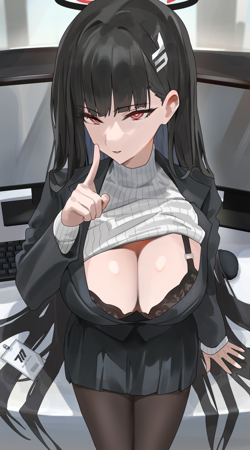 1girl bangs black_bra black_hair black_jacket black_pantyhose black_skirt blue_archive bra breasts hair_ornament halo hand_up highres hood_(james_x) jacket large_breasts long_hair long_sleeves looking_at_viewer pantyhose parted_lips red_eyes rio_(blue_archive) skirt smile solo sweater underwear white_sweater