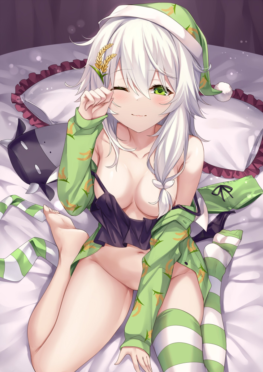 1girl bangs barefoot black_panties breasts cleavage clothes_down collarbone dong-jin_rice-hime food-themed_hair_ornament green_eyes green_headwear green_pajamas green_shirt green_shorts groin hair_between_eyes hair_censor hair_ornament hair_tie hand_to_head hat highres ks_(xephyrks) long_hair long_sleeves looking_at_viewer low_twintails medium_breasts navel nightcap one_eye_closed pajamas panties panties_removed pillow pom_pom_(clothes) rubbing_eyes shirt short_shorts shorts shorts_removed single_bare_leg single_thighhigh sitting sleeves_past_wrists soles solo striped striped_thighhighs suiji thighhighs thighhighs_removed twintails underwear wariza wheat wheat_print white_hair