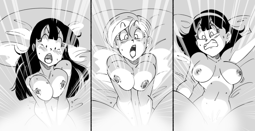 3girls absurdres bangs blunt_bangs breasts bulma chi-chi_(dragon_ball) clenched_teeth commentary dragon_ball dragon_ball_super english_commentary funsexydb glowing greyscale hair_down hairband highres hime_cut implied_sex large_breasts long_hair lying medium_breasts missionary monochrome multiple_girls nipples on_back open_mouth short_hair sweat teeth videl