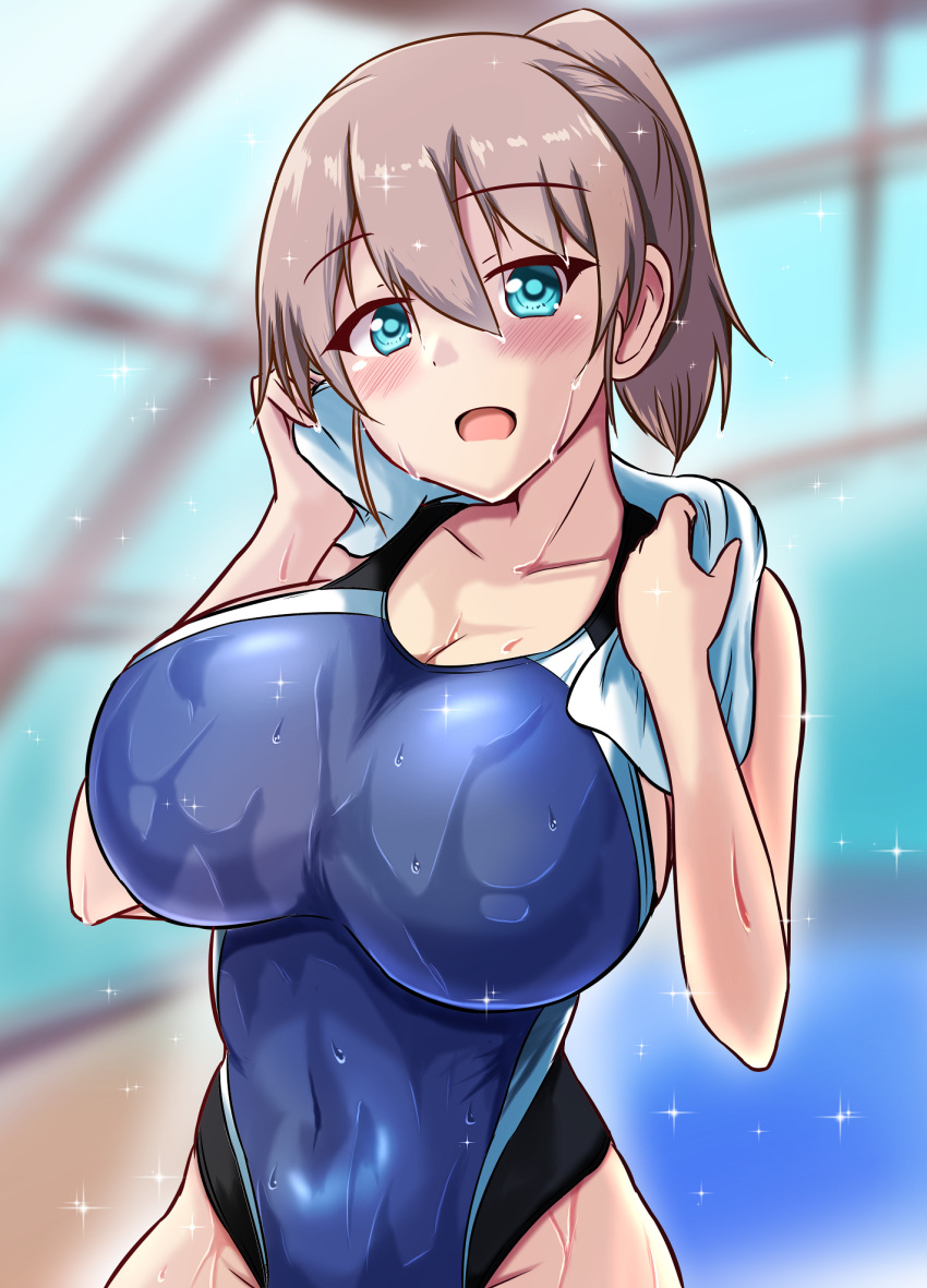 black_one-piece_swimsuit blue_eyes blue_one-piece_swimsuit breasts brown_hair competition_school_swimsuit competition_swimsuit covered_navel highleg highleg_swimsuit highres indoors intrepid_(kancolle) kantai_collection large_breasts looking_at_viewer montemasa one-piece_swimsuit open_mouth ponytail pool rei_no_pool school_swimsuit short_hair swimsuit towel two-tone_swimsuit wet wet_clothes wet_swimsuit