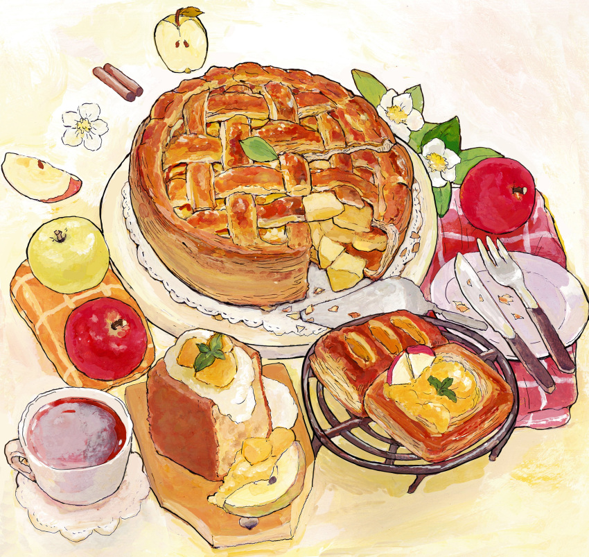 absurdres apple apple_pie cake cake_slice cake_slicer chiffon_cake cinnamon_stick cup flower food food_focus fork fruit highres knife original pastry pie plate saucer still_life tea teacup white_flower yasaioji3 yellow_background