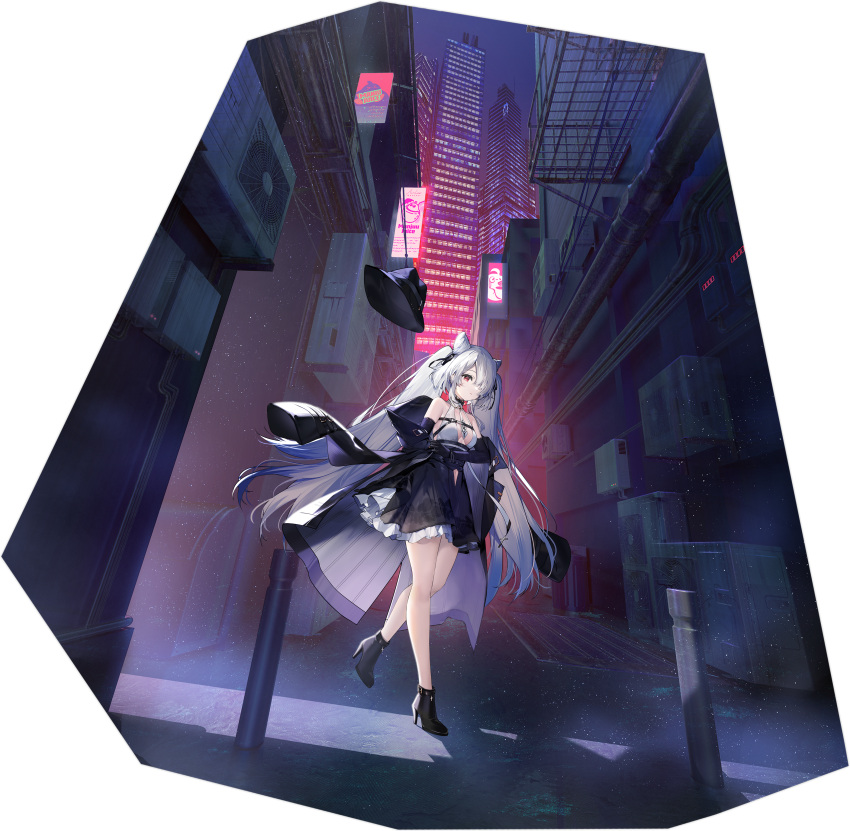 1girl absurdres artist_request azur_lane bare_shoulders black_footwear black_gloves clothing_cutout elbow_gloves full_body gloves hair_horns high_heels highres kiev_(azur_lane) kiev_(backstreet_silver_sonata)_(azur_lane) long_hair looking_at_viewer navel_cutout non-web_source official_alternate_costume official_art one_eye_covered red_eyes standing transparent_background twintails white_hair