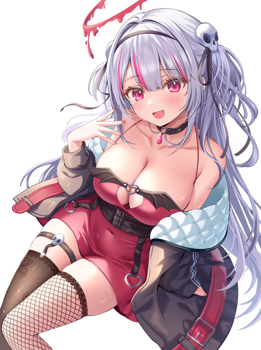 1girl asymmetrical_legwear belt black_choker black_jacket breasts brown_thighhighs choker cleavage collarbone covered_navel dress fishnet_thighhighs fishnets hair_ornament hair_ribbon hairband halo hand_up highres jacket large_breasts long_hair long_sleeves looking_at_viewer mikeneko_mari multicolored_hair multiple_belts off_shoulder open_clothes open_jacket original red_dress ribbon short_dress simple_background skull_hair_ornament sleeveless sleeveless_dress solo spaghetti_strap streaked_hair thigh_strap thighhighs thighs very_long_hair white_background white_hair zettai_ryouiki