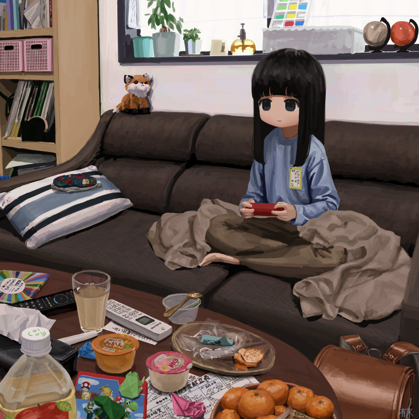 1girl absurdres backpack bag bangs black_eyes black_hair blunt_bangs book bottle closed_mouth controller couch cup cushion food fruit game_controller highres holding indoors long_hair long_sleeves orange_(fruit) origami original pants paper plant plate potted_plant randoseru remote_control sa1bi shelf signature sitting solo stuffed_animal stuffed_fox stuffed_toy table tissue tissue_box wii_remote window