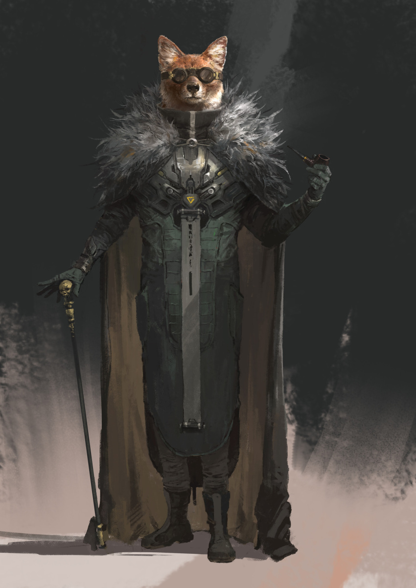 absurd_res anthro armor boots cane canid canine cape clothing footwear fox gloves handwear hi_res long_sleeves longcoat mammal red_fox smoke_pipe solo su-jian tobacco_pipe