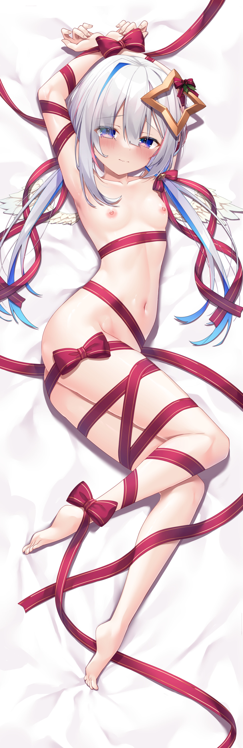 1girl absurdres amane_kanata arms_up barefoot blue_eyes blue_hair breasts closed_mouth colored_inner_hair dakimakura_(medium) grey_hair hair_between_eyes halo highres hololive long_hair looking_at_viewer lying multicolored_hair naked_ribbon navel nipples on_bed on_side ribbon shimo_(shimo332215) small_breasts solo star_halo stomach twintails virtual_youtuber