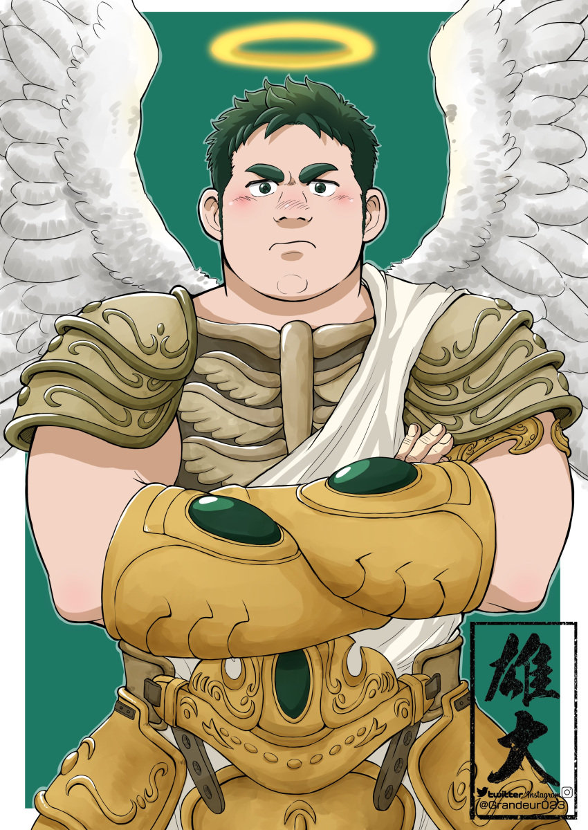 1boy absurdres angel armor bara blush breastplate cowboy_shot crave_saga crossed_arms feathered_wings frown green_hair halo highres long_sideburns looking_at_viewer male_focus muscular muscular_male nose_blush pauldrons sash shmiel_(crave_saga) short_hair shoulder_armor sideburns solo spread_wings thick_eyebrows wings yudai_(grandeur023)